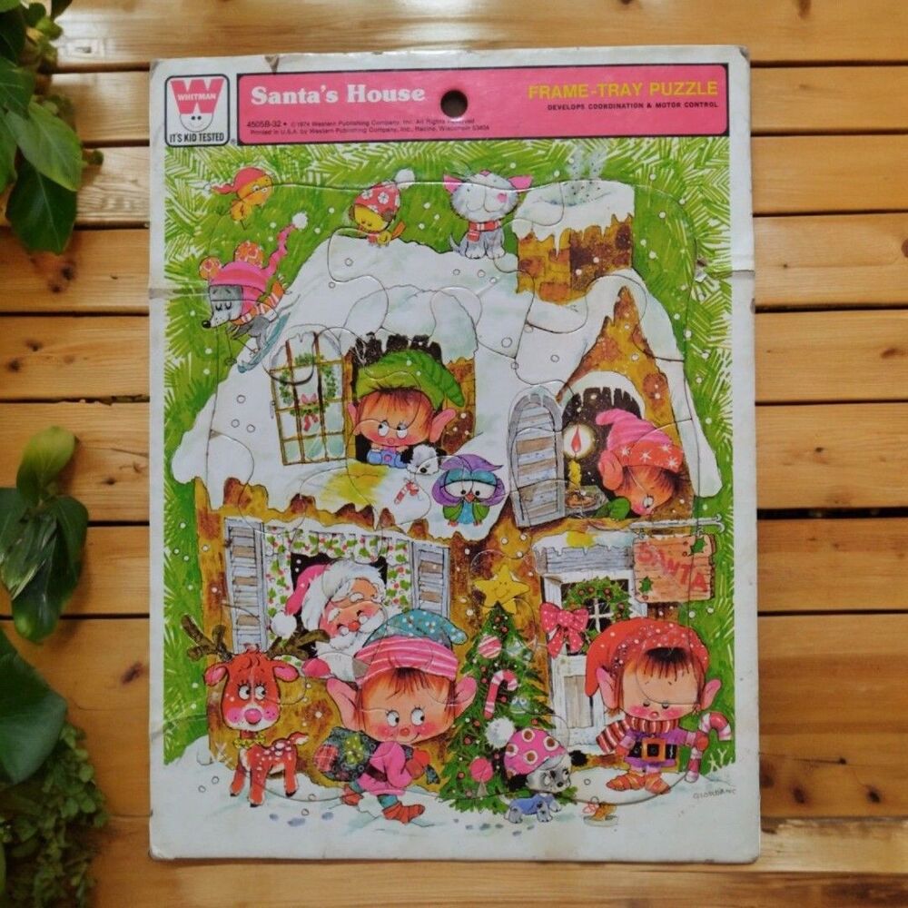 Whitman Santa's House 1974 Frame Tray Puzzle 4505 11" x 8.5" Elfs Reindeer